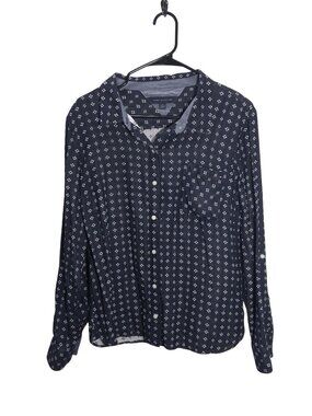 Tommy Hilfiger Womens Button-Down Shirt Navy Floral Print Long Sleeve Size L